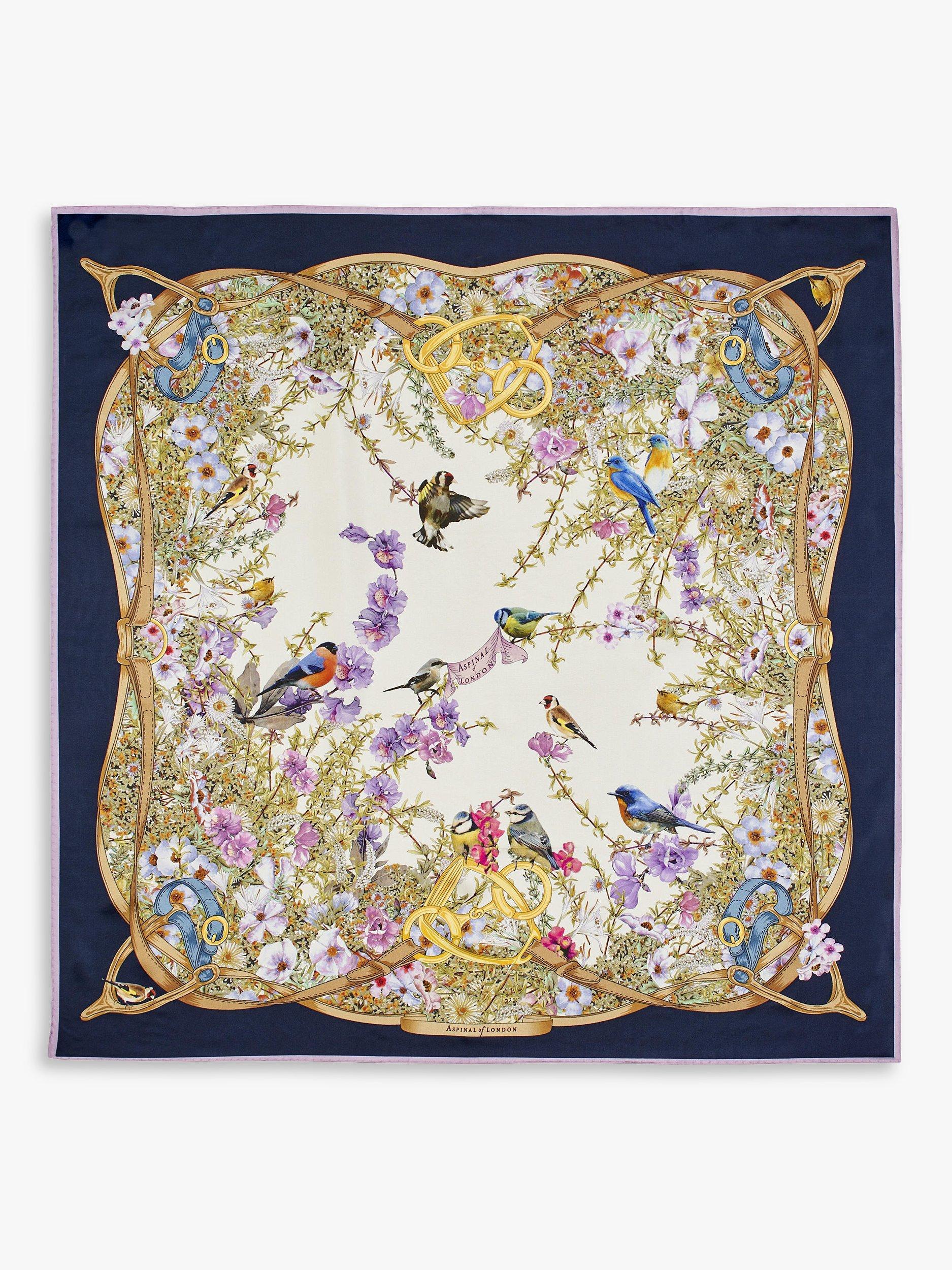 Product image 1 of 3, which shows Aspinal of London Edwardian Garden Silk Square Scarf, Navy