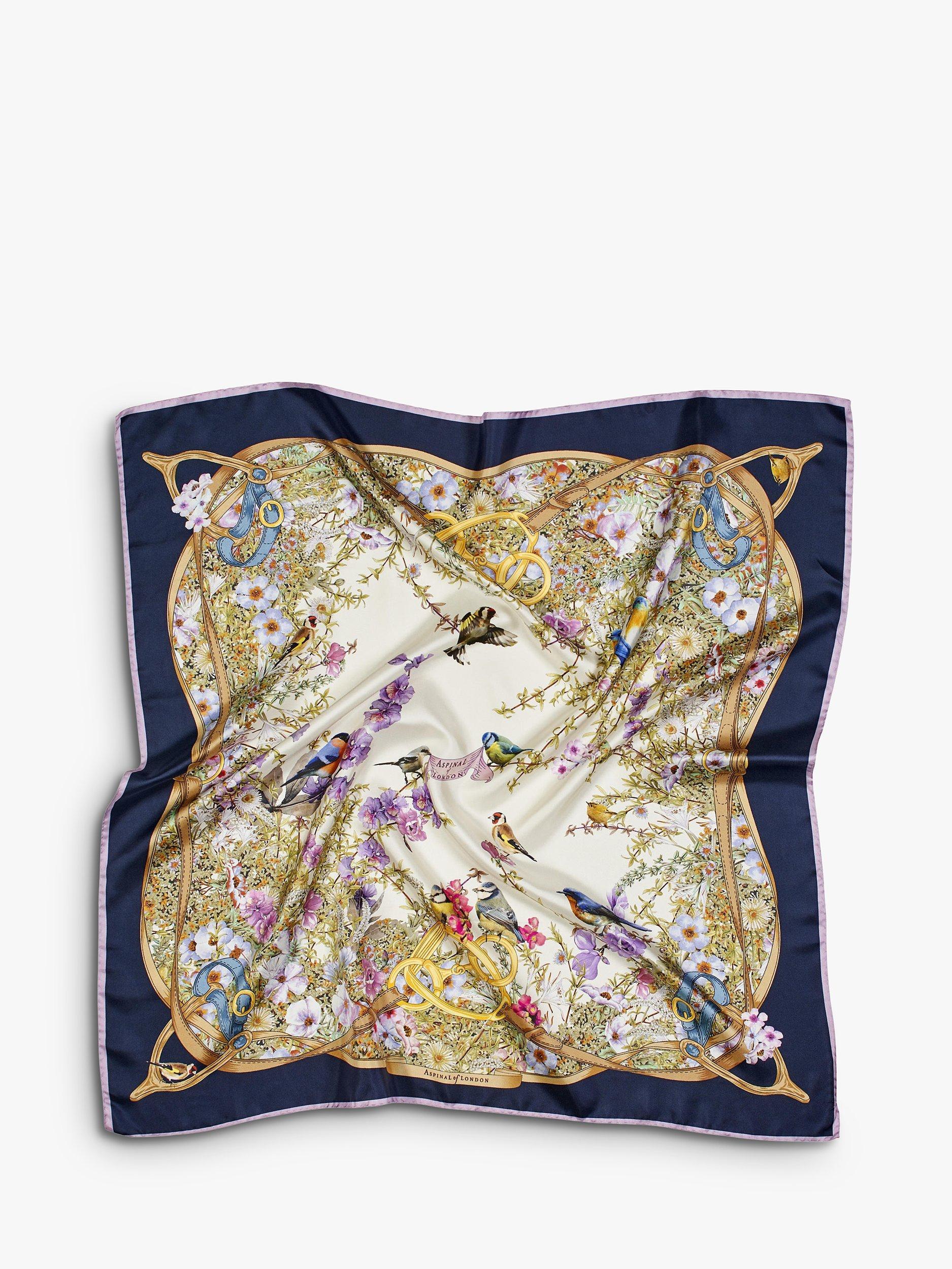Product image 2 of 3, which shows Aspinal of London Edwardian Garden Silk Square Scarf, Navy
