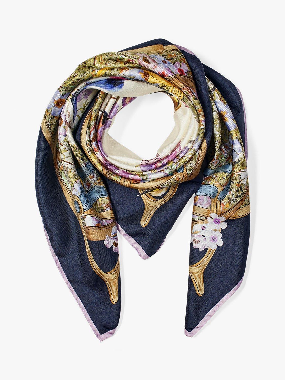 Product image 3 of 3, which shows Aspinal of London Edwardian Garden Silk Square Scarf, Navy
