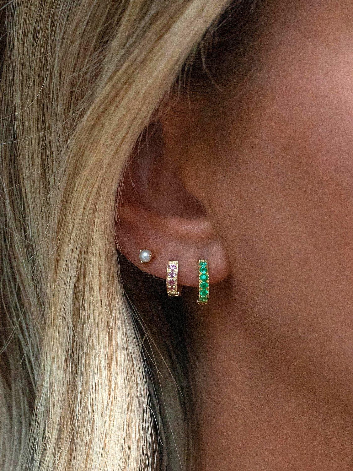 Product image 2 of 2, which shows Leah Alexandra Emerald Pave Huggie Hoop Earrings, Gold/Green