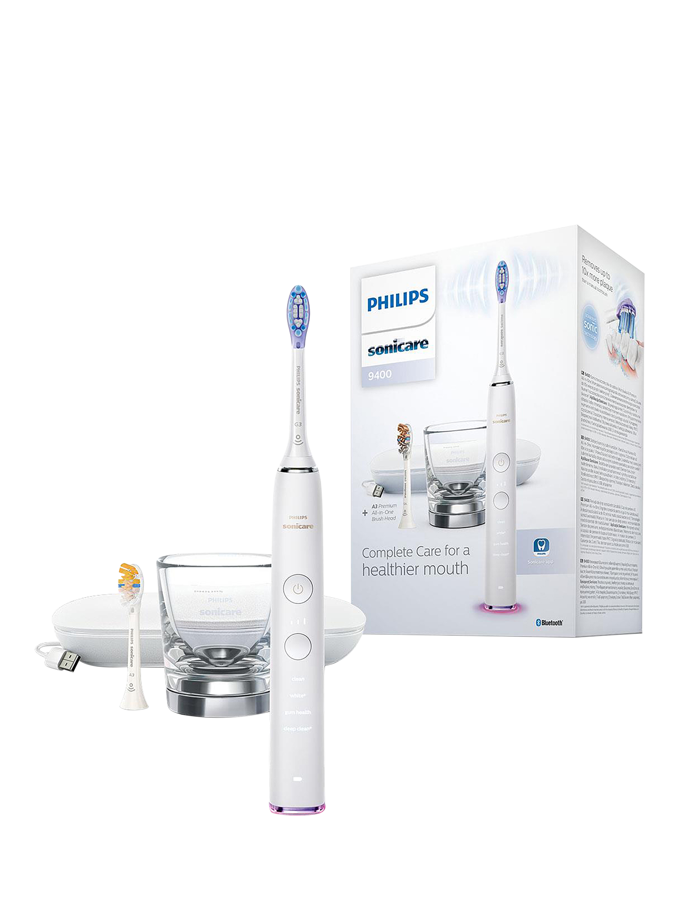 Product image 1 of 6, which shows Philips Sonicare DiamondClean Smart 9400 Electric Toothbrush with Charging Case, White