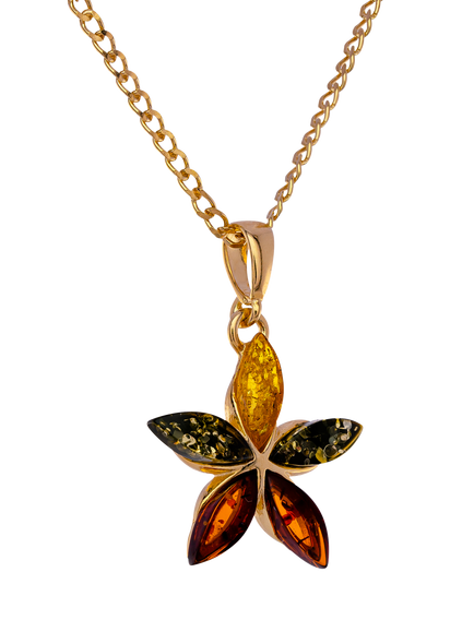 Be-Jewelled Baltic Amber Floral Pendant Necklace, Gold/Multi, Gold/Multi