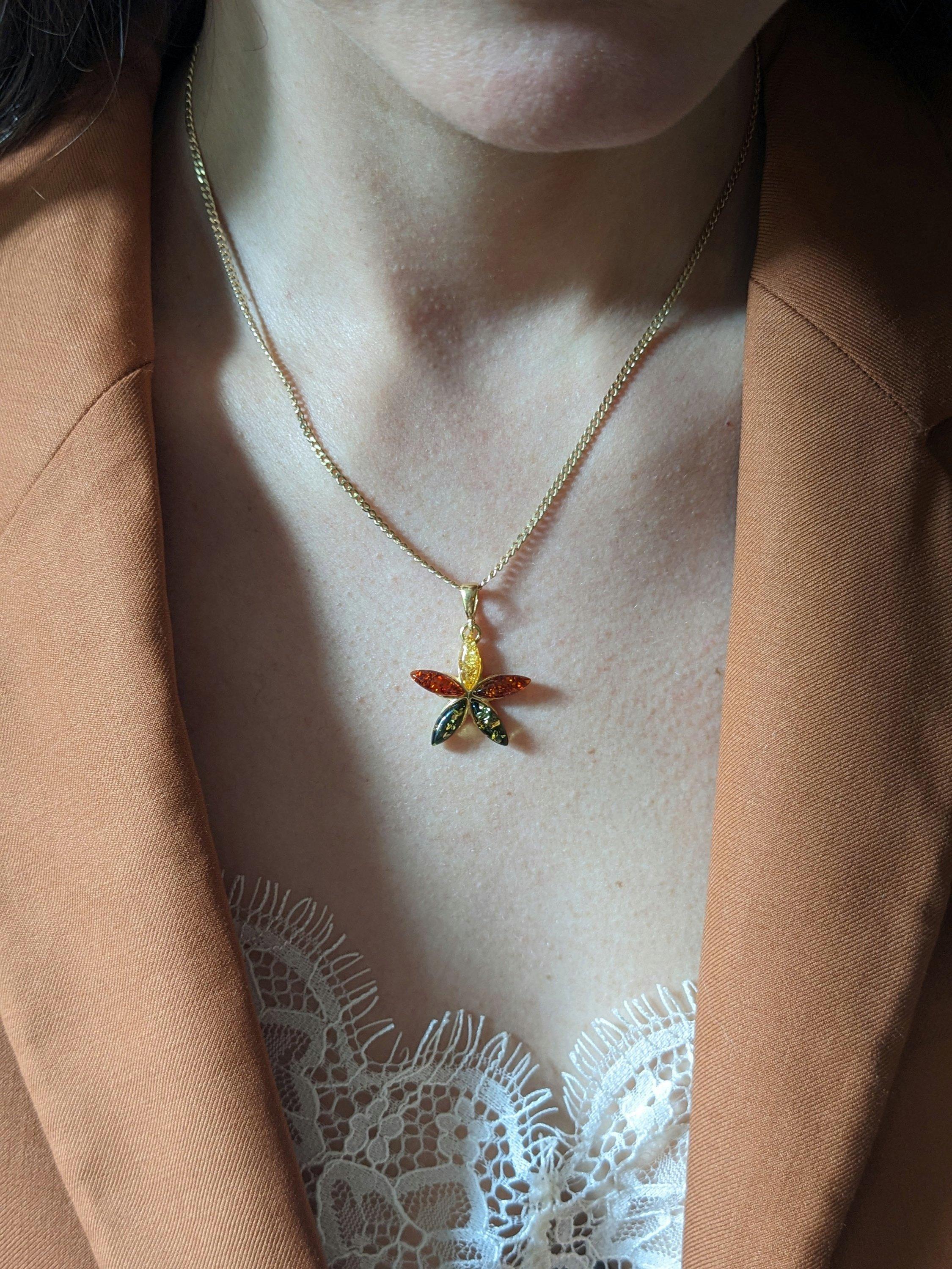 Product image 3 of 4, which shows Be-Jewelled Baltic Amber Floral Pendant Necklace, Gold/Multi