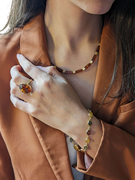 Be-Jewelled Baltic Amber Oval Chain Bracelet, Gold/Multi - view 2, Gold/Multi