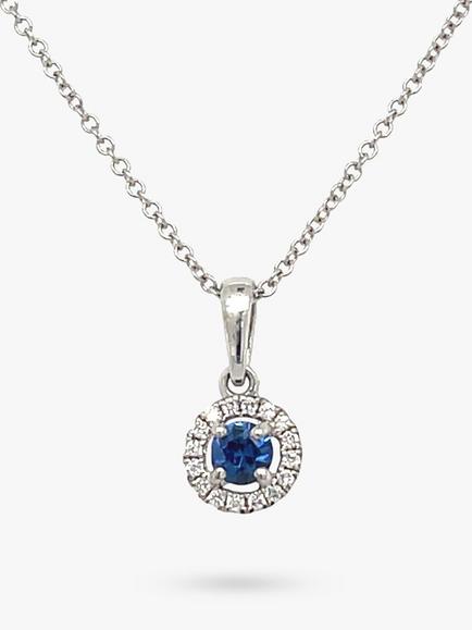 E.W Adams 18ct White Gold Sapphire & Diamond Cluster Pendant Necklace, White Gold/Blue