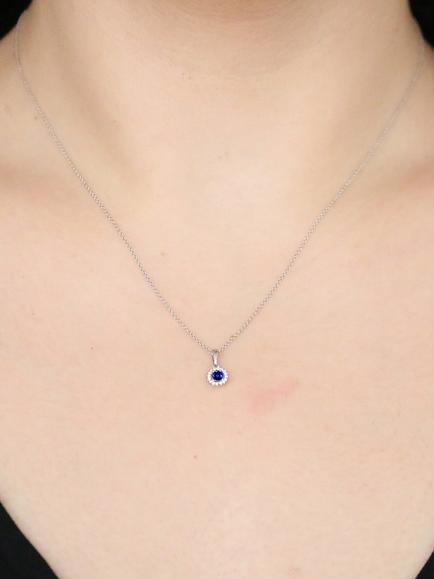 E.W Adams 18ct White Gold Sapphire & Diamond Cluster Pendant Necklace - view 2, White Gold/Blue