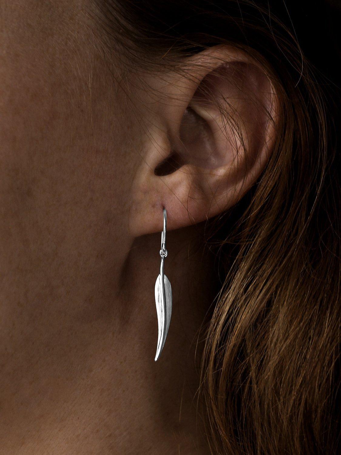Product image 2 of 4, which shows Nina B Slim Feather Drop Earrings, Silver