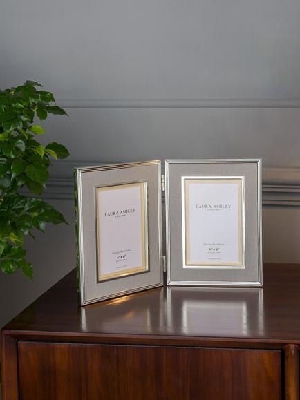 Laura Ashley Harrison Linen Double Photo Frame, 4 x 6" (10 x 15cm) - view 2, Pale Charcoal/Silver Plated