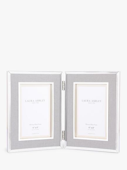 Laura Ashley Harrison Linen Double Photo Frame, 4 x 6" (10 x 15cm), Pale Charcoal/Silver Plated