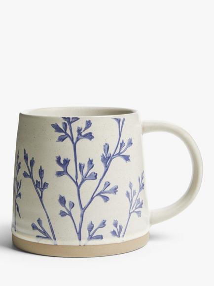 John Lewis Woodland Floral Glazed Stoneware Flower Mug, 450ml, Beige/Blue, Beige/Blue