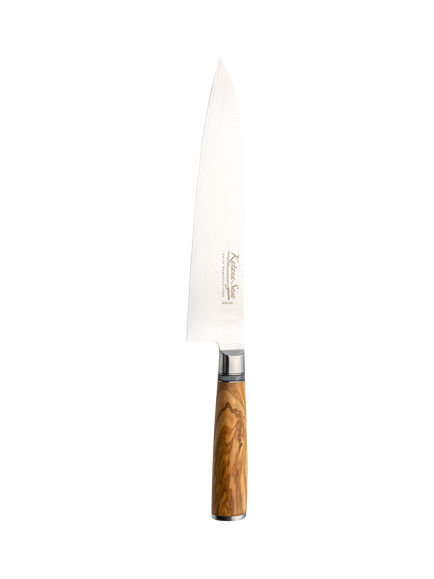 Katana Saya Damascus Steel Gyuto Kitchen Knife with Olive Handle & Wooden Sheath, 20cm, Silver/Natural