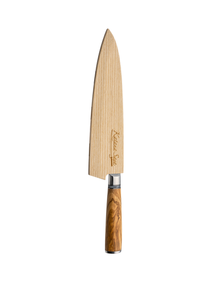 Katana Saya Damascus Steel Gyuto Kitchen Knife with Olive Handle & Wooden Sheath, 20cm - view 2, Silver/Natural