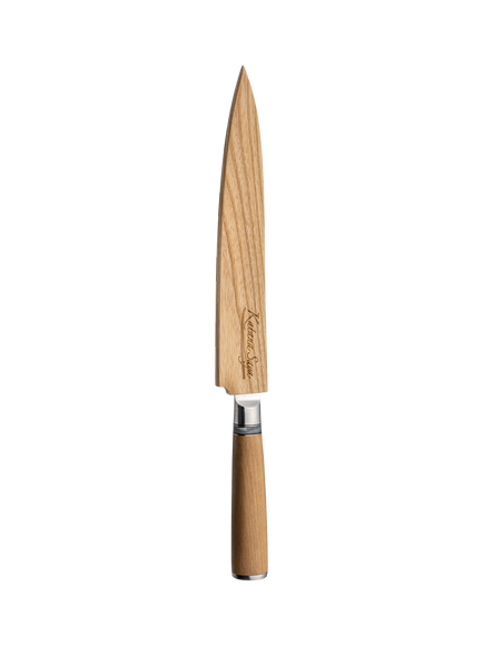 Katana Saya Damascus Steel Yanagi Sashimi Kitchen Knife with Olive Handle & Wooden Sheath, 24cm - view 2, Silver/Natural
