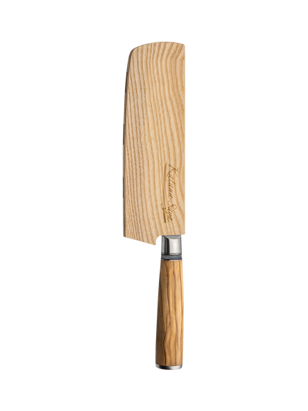 Katana Saya Damascus Steel Nakiri Kitchen Knife with Olive Handle & Wooden Sheath, 18cm - view 2, Silver/Natural
