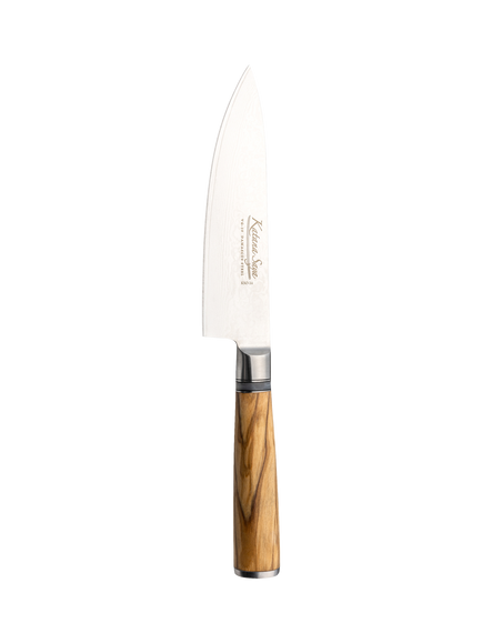 Katana Saya Damascus Steel Cook's Kitchen Knife with Olive Handle & Leather Sheath, 15cm, Silver/Natural