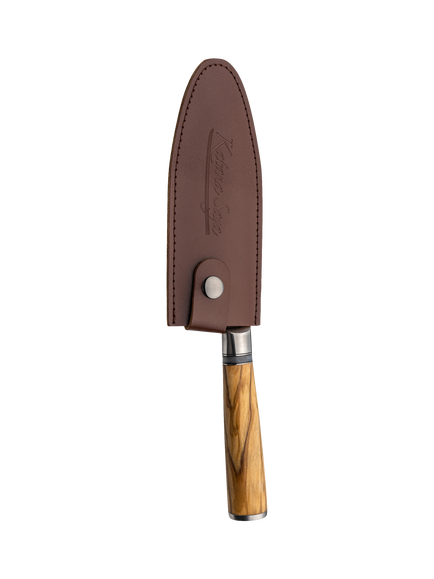 Katana Saya Damascus Steel Cook's Kitchen Knife with Olive Handle & Leather Sheath, 15cm - view 2, Silver/Natural