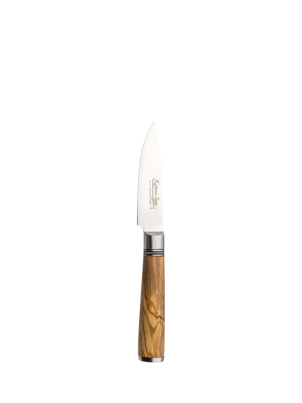 Katana Saya Damascus Steel Paring Kitchen Knife with Olive Handle & Leather Sheath, 9cm, Silver/Natural