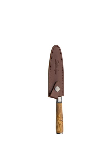 Katana Saya Damascus Steel Paring Kitchen Knife with Olive Handle & Leather Sheath, 9cm - view 2, Silver/Natural
