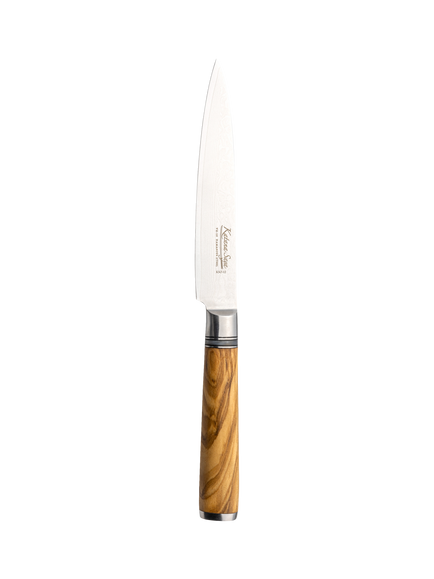 Katana Saya Damascus Steel Utility Kitchen Knife with Olive Handle & Leather Sheath, 12cm, Silver/Natural