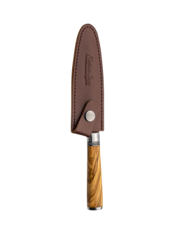 Katana Saya Damascus Steel Utility Kitchen Knife with Olive Handle & Leather Sheath, 12cm - view 2, Silver/Natural
