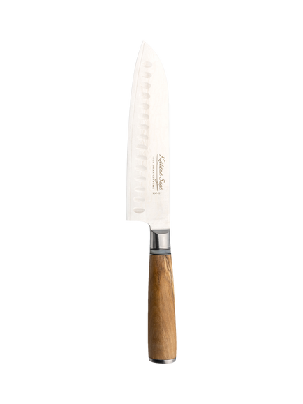 Katana Saya Damascus Steel Santoku Kitchen Knife with Olive Handle & Wooden Sheath, 18cm, Silver/Natural