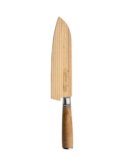Katana Saya Damascus Steel Santoku Kitchen Knife with Olive Handle & Wooden Sheath, 18cm - view 2, Silver/Natural