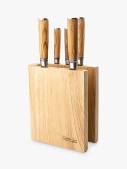 Katana Saya Filled Olive Wood Kitchen Knife Block Set, 6 Piece, Natural/Silver