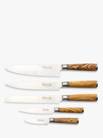 Katana Saya Filled Olive Wood Kitchen Knife Block Set, 6 Piece - view 2, Natural/Silver