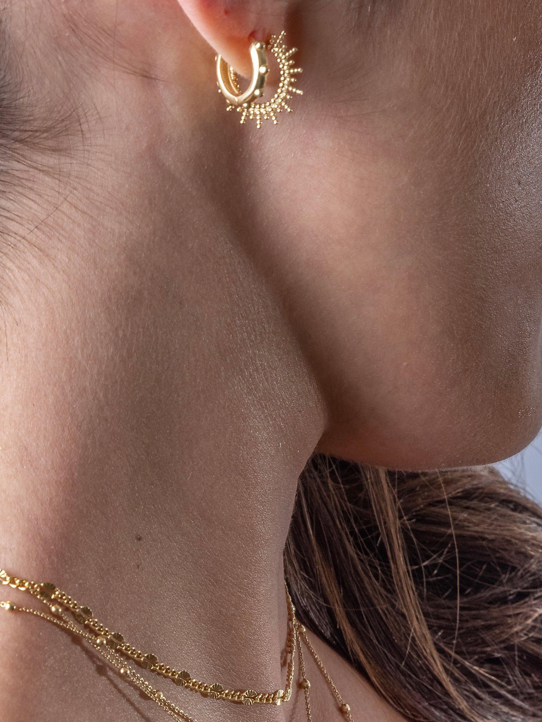 Product image 2 of 3, which shows LARNAUTI Rosary Beaded Huggie Hoop Earrings, Gold