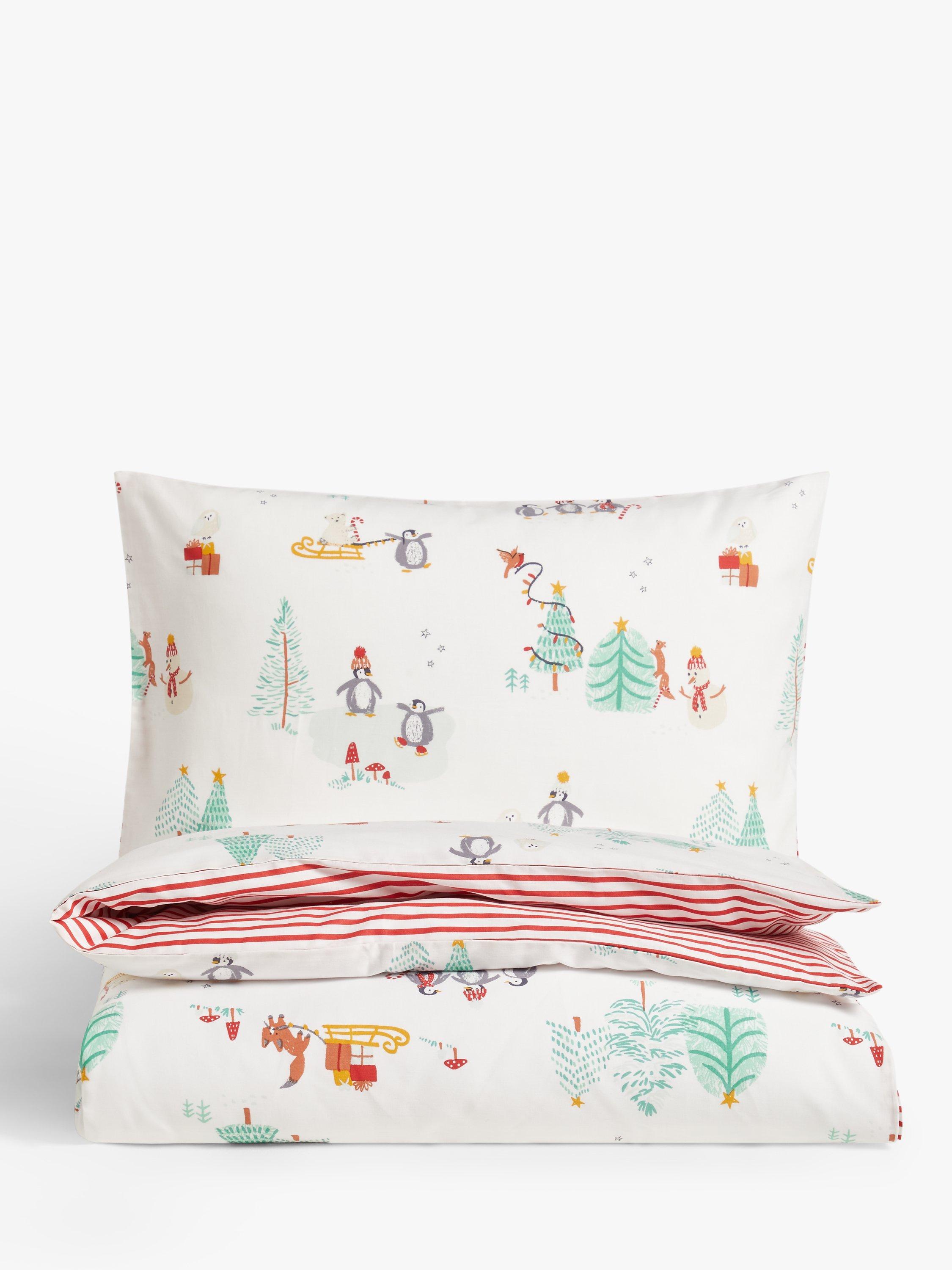 little home at John Lewis Christmas Woodland Penguin Stripe Pure Cotton Duvet Cover and Pillowcase Set, Multi