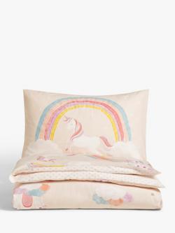 John Lewis Unicorn Print Reversible Pure Cotton Duvet Cover and Pillowcase Set, Cotbed (120 x 140cm), Pink