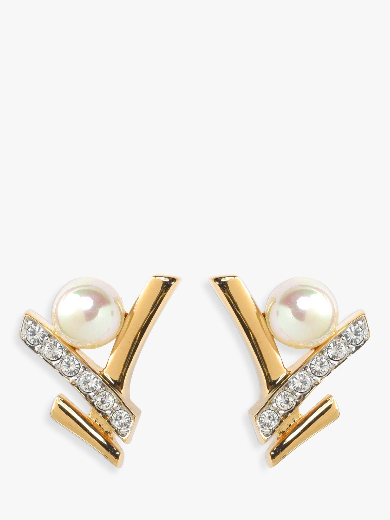 Product image 1 of 2, which shows Eclectica Pre-Loved Abstract Swarovski Crystal & Pearl Stud Earrings, Dated Circa 1990s, Gold