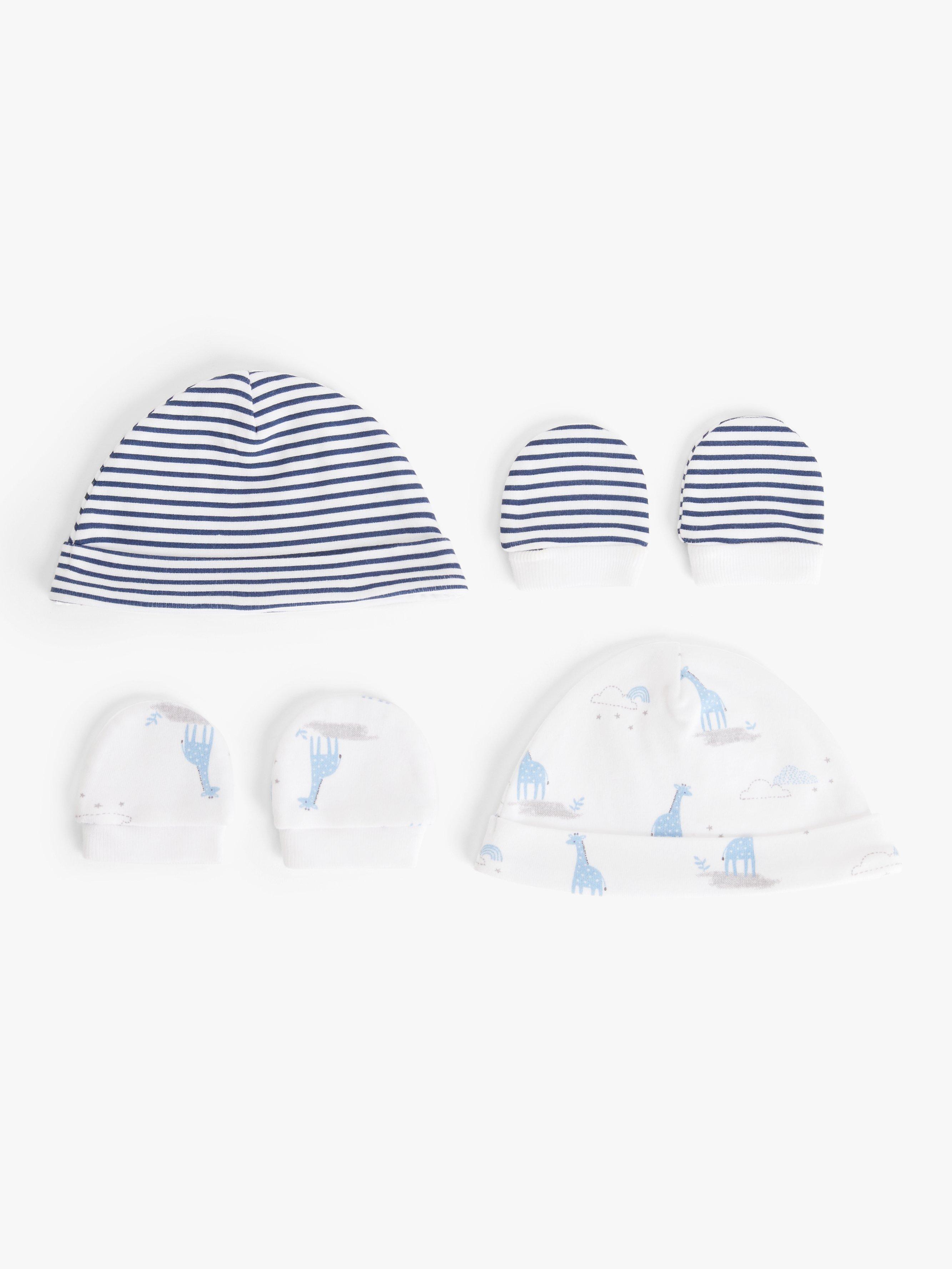 John Lewis Premature Baby GOTS Organic Cotton Giraffe Stripe Hat & Mittens Set, Pack of 2, Blue
