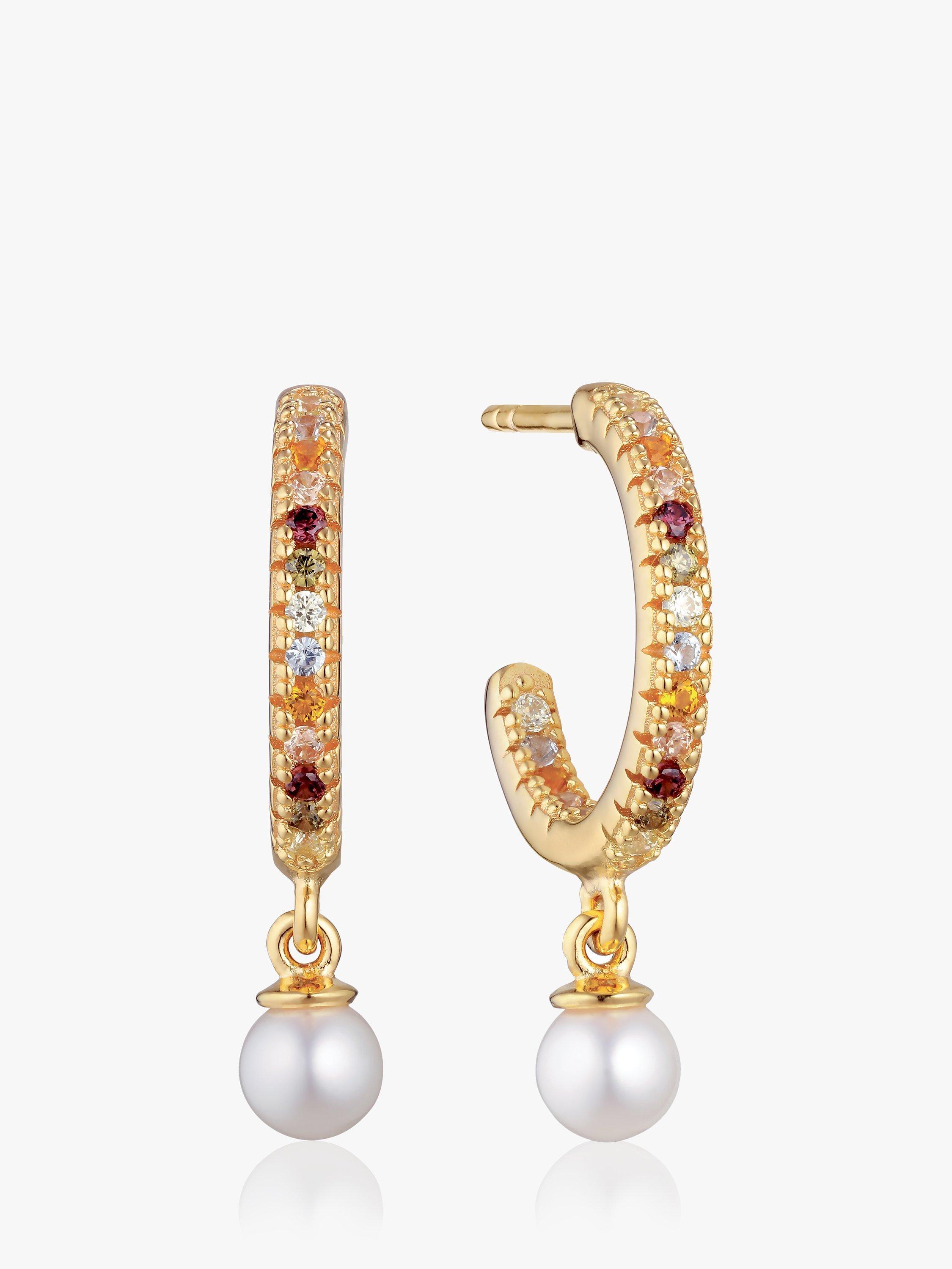 Product image 1 of 2, which shows Sif Jakobs Jewellery Ellera Perla Cubic Zirconia Freshwater Pearl Drop Hoop Earrings, Gold/Multi