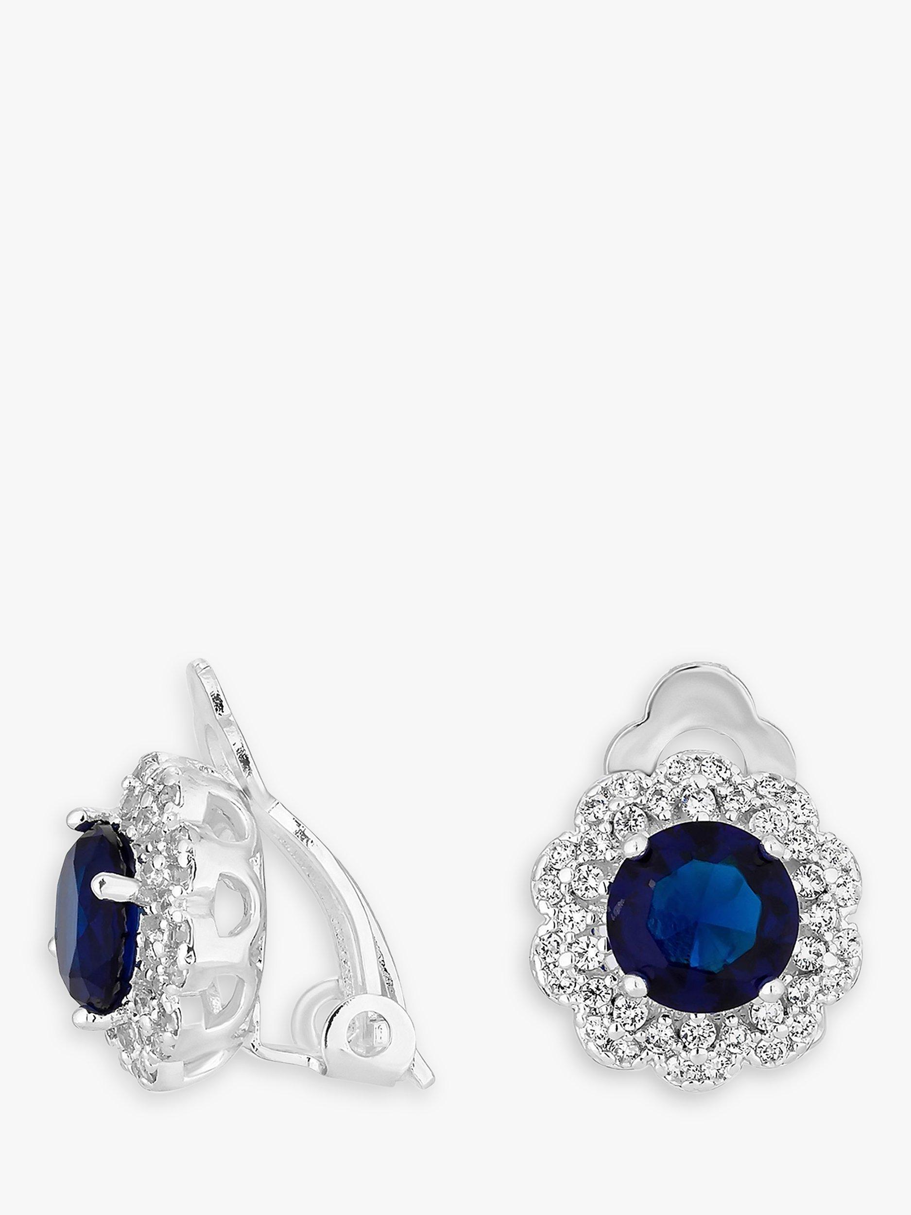 Product image 1 of 2, which shows Jon Richard Silver Plated Blue Crystal Halo Clip On Earrings, Silver