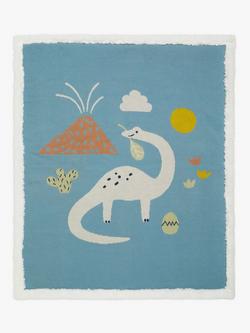 John Lewis Dinosaur Sherpa Fleece Baby Blanket, 100 x 80cm, Light Blue