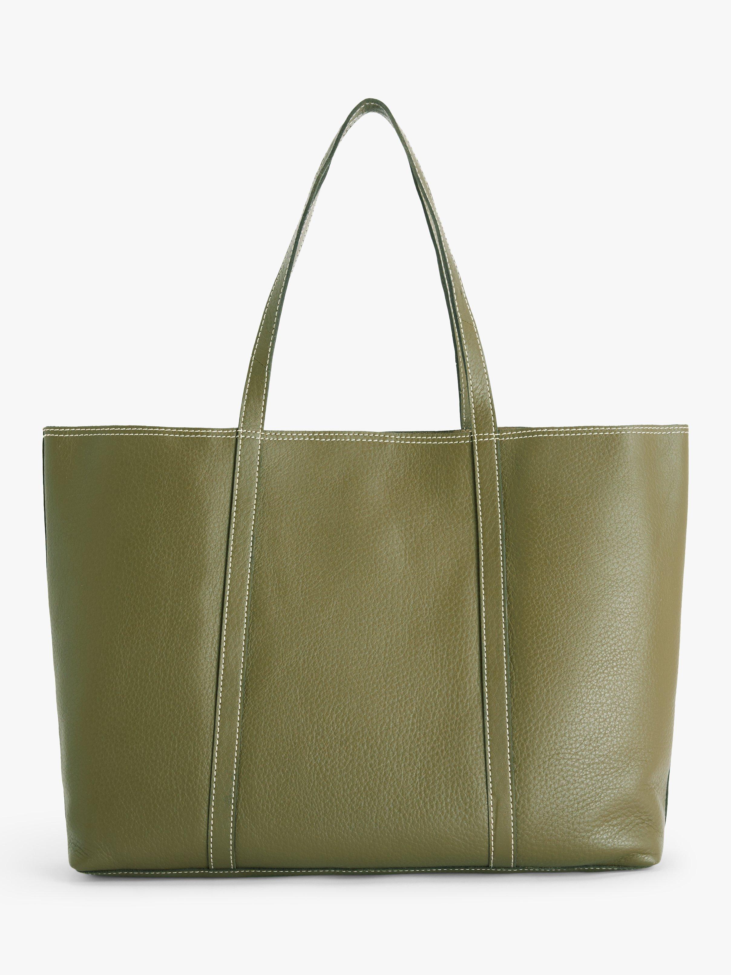 John Lewis Leather Raw Edge Tote Bag, Olive Green
