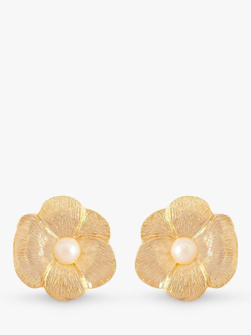 Product image 1 of 2, which shows Susan Caplan Pre-Loved Gold Plated Faux Pearl Flower Stud Earrings, Dated Circa 1980s