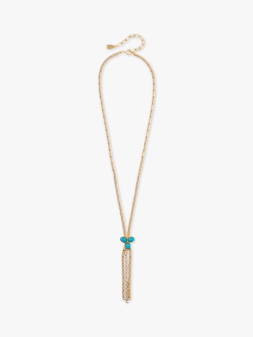 Product image 1 of 2, which shows Susan Caplan Pre-Loved Gold Plated Swarovski Crystal and Lucite Lariat Necklace, Dated Circa 1990s, Gold/Turquoise