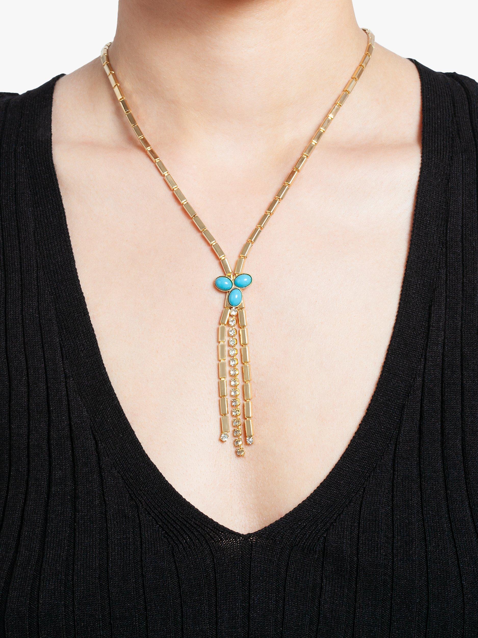 Product image 2 of 2, which shows Susan Caplan Pre-Loved Gold Plated Swarovski Crystal and Lucite Lariat Necklace, Dated Circa 1990s, Gold/Turquoise