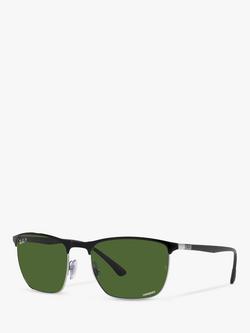 Ray-Ban RB36869 Unisex Polarised Square Sunglasses, Black on Silver/Green, Black On Silver