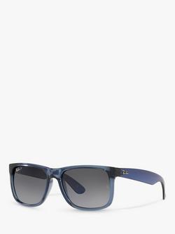 Ray-Ban RB4165 Men's Polarised Justin Square Sunglasses, Transparent Blue/Grey Gradient, Transparent Blue/Grey Gradient