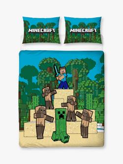 Minecraft Reversible Pure Cotton Duvet Cover and Pillowcase Set, Green/Multi - view 2, Green/Multi