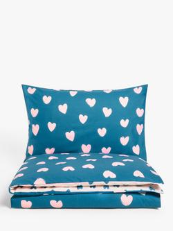 John Lewis Easy Care Love Hearts Reversible Duvet Cover and Pillowcase Set - view 2, Blue/Pink