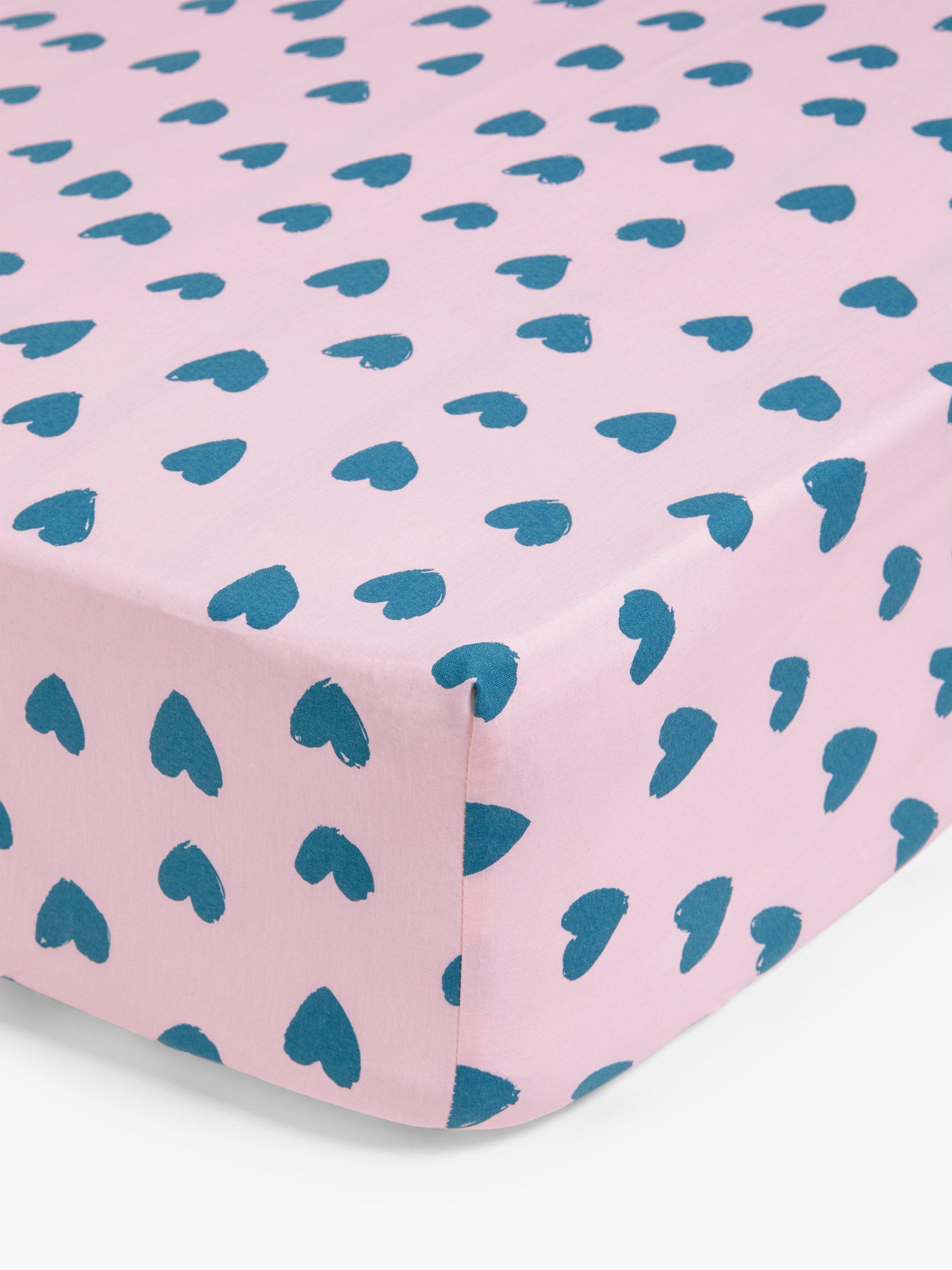John Lewis ANYDAY Love Hearts Print Easy Care Polycotton Fitted Sheets, Blue/Pink