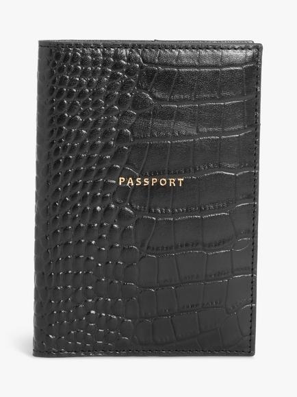 John Lewis Leather Passport Holder, Black Croc Leather