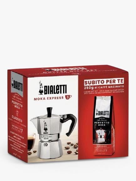 Bialetti 3 Cup Moka Hob Espresso Coffee Maker & Perfetto Coffee Gift Set, Silver