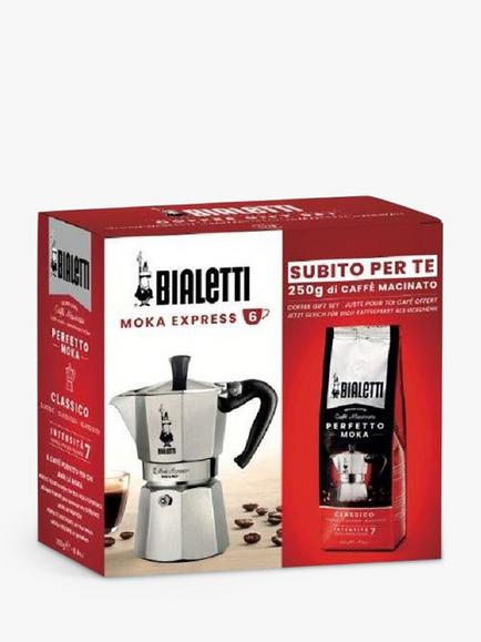 Bialetti 6 Cup Moka Hob Espresso Coffee Maker & Perfetto Coffee Gift Set, Silver