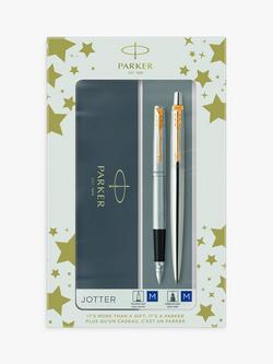 PARKER Jotter Stainless Steel Gold Trim Ballpoint & Fountain Pen Set, Multi
