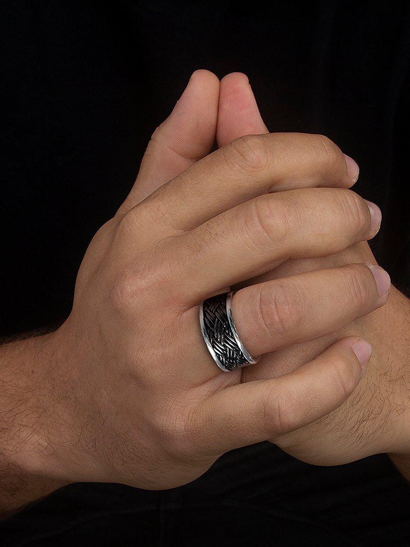 Product image 2 of 4, which shows Hoxton London Woven Links Ring, Silver/Black, W